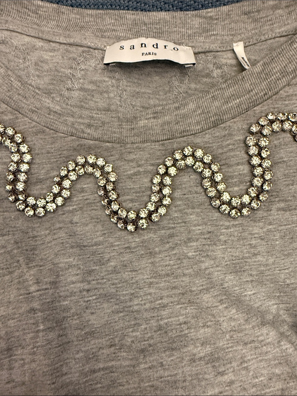 Sandro Light Gray Short Sleeve Tee with Jewel Neckline front and back